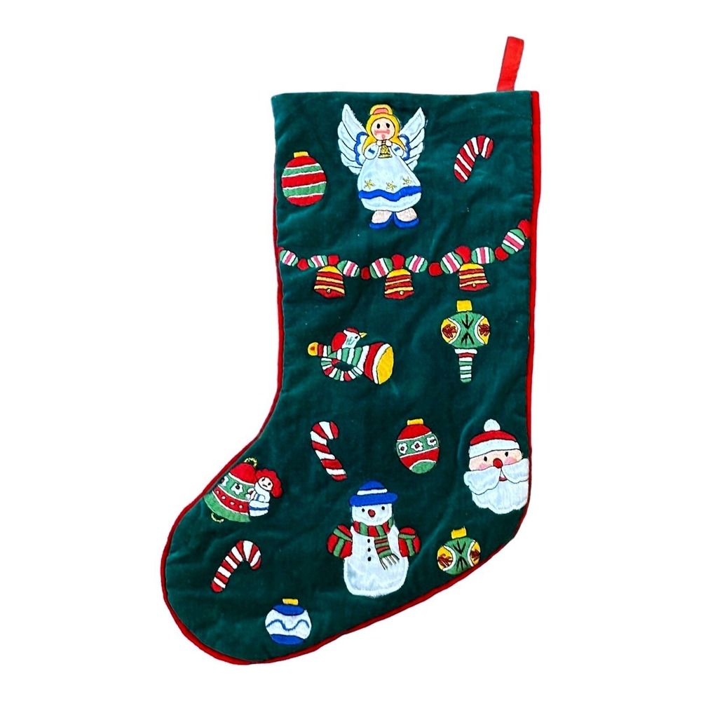 Vintage Velvet Christmas Stocking Embroidered Applique Santa Snowman Angel 19.5